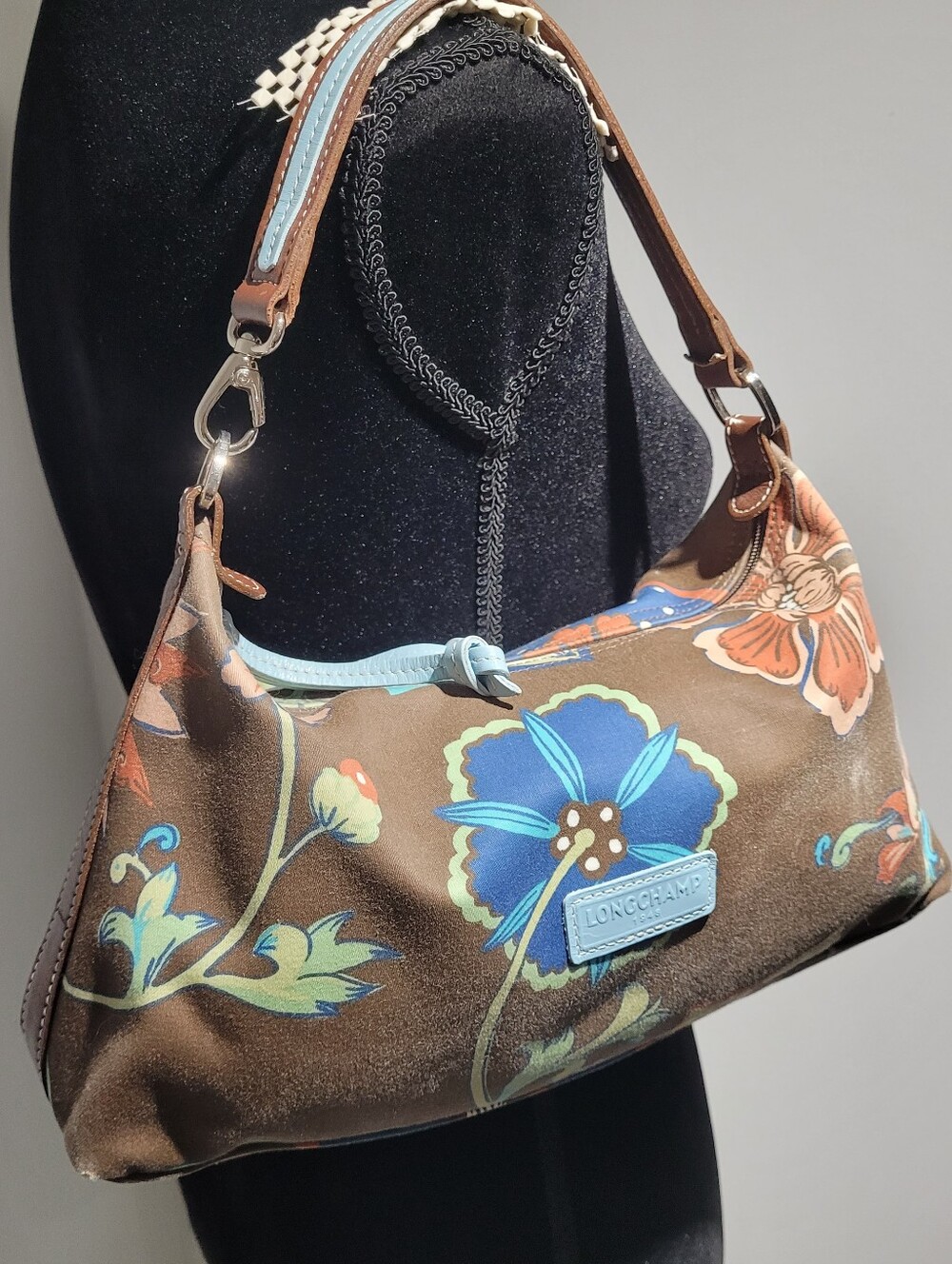Longchamp Brown Floral Shoulder Bag with Blue Accents - Picture 4 of 11